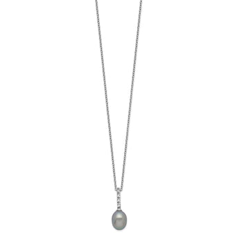 Sterling Silver Rhod-plat 7-8mm Grey FWC Pearl CZ Necklace