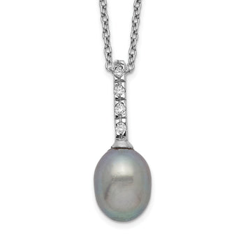 Sterling Silver Rhod-plat 7-8mm Grey FWC Pearl CZ Necklace
