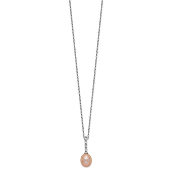 Sterling Silver Rhod-plat 7-8mm Pink FWC Pearl CZ Necklace