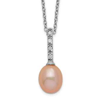 Sterling Silver Rhod-plat 7-8mm Pink FWC Pearl CZ Necklace