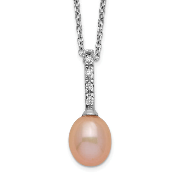 Sterling Silver Rhod-plat 7-8mm Pink FWC Pearl CZ Necklace