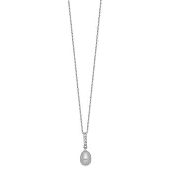 Sterling Silver Rhod-plat 8-9mm Grey FWC Pearl CZ Necklace