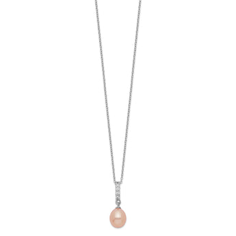 Sterling Silver Rhod-plat 8-9mm Pink FWC Pearl CZ Necklace