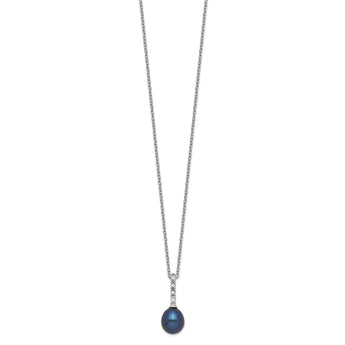 Sterling Silver Rhod-plat 7-8mm Black FWC Pearl CZ Necklace