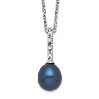 Sterling Silver Rhod-plat 7-8mm Black FWC Pearl CZ Necklace