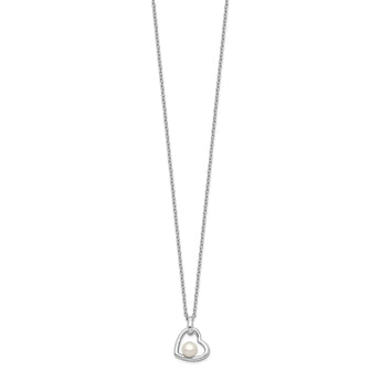 Sterling Silver Rhodium-plated Heart with 4-5mm White Button Freshwater Cultured Pearl 17 inch Necklace