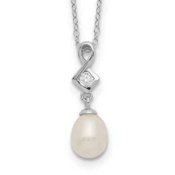 Sterling Silver Rhod-plat 6-7mm White FWC Pearl CZ Necklace
