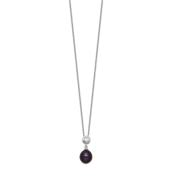 Sterling Silver Rhodium-plated 8-9mm Black Rice FWC Pearl CZ Necklace