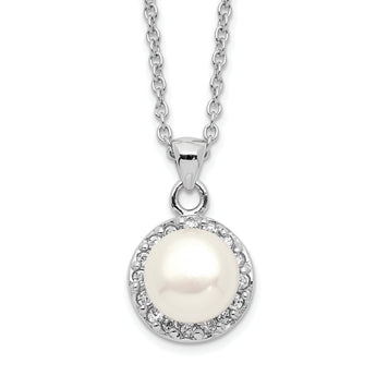 Sterling Silver Rhodium-plated 7-8mm White Button FWC Pearl CZ Necklace
