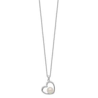 Sterling Silver Rhodium-plated Polished Open Heart with 7-8mm White Button Freshwater Cultuted Pearl 17 inch Necklace