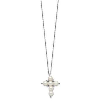 Sterling Silver Rhod-plated 6-7mm White Button FWC Pearl CZ Cross Necklace