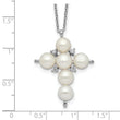 Sterling Silver Rhod-plated 6-7mm White Button FWC Pearl CZ Cross Necklace