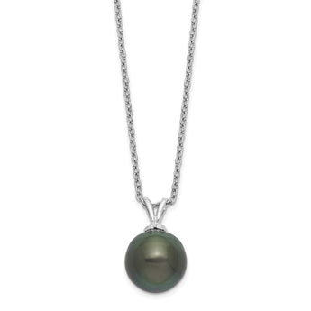 Sterling Silver Rhodium-Rhodium-Plated 9-10mm Black Teardrop Tahitian Saltwater Cultured Pearl 17 inch Necklace - Birthstone Company