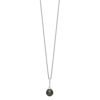 Sterling Silver Rhodium-Rhodium-Plated 9-10mm Black Teardrop Tahitian Saltwater Cultured Pearl 17 inch Necklace - Birthstone Company