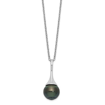 Sterling Silver Rhodium-Rhodium-Plated 9-10mm Black Teardrop Tahitian Saltwater Cultured Pearl 17 inch Necklace - Birthstone Company