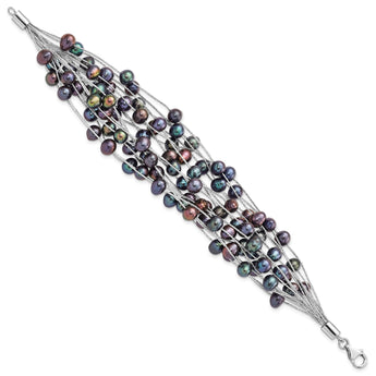 Sterling Silver Rhodium-Rhodium-Plated 6-7mm Black Semi-Round Freshwater Cultured Pearl Multi Strand 7.5 inch Bracelet - Birthstone Company
