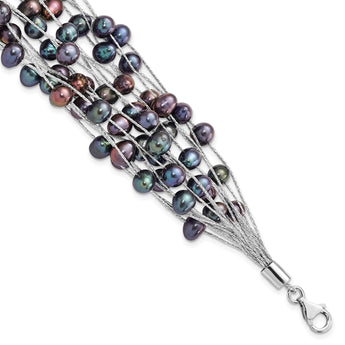 Sterling Silver Rhodium-Rhodium-Plated 6-7mm Black Semi-Round Freshwater Cultured Pearl Multi Strand 7.5 inch Bracelet - Birthstone Company