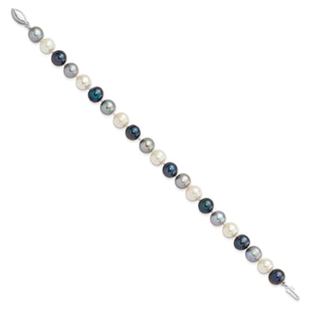 Sterling Silver Rhodium-Rhodium-Plated 8-9mm Black, Green and White Semi-Round Freshwater Cultured Pearl 7.5 inch Bracelet - Birthstone Company
