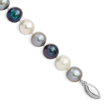 Sterling Silver Rhodium-Rhodium-Plated 8-9mm Black, Green and White Semi-Round Freshwater Cultured Pearl 7.5 inch Bracelet - Birthstone Company