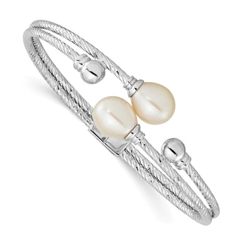 Sterling Silver Rhodium-Rhodium-Plated White 8x10mm Teardrop Freshwater Cultured Pearl Hinged Bangle 6 in - Birthstone Company