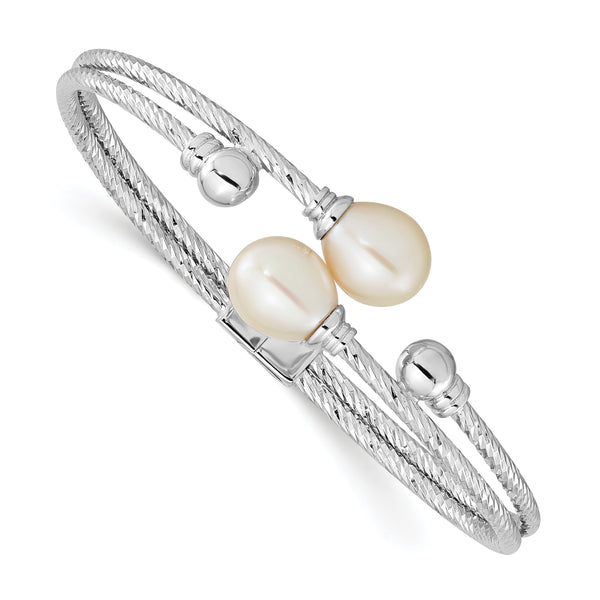 Sterling Silver Rhodium-Rhodium-Plated White 8x10mm Teardrop Freshwater Cultured Pearl Hinged Bangle