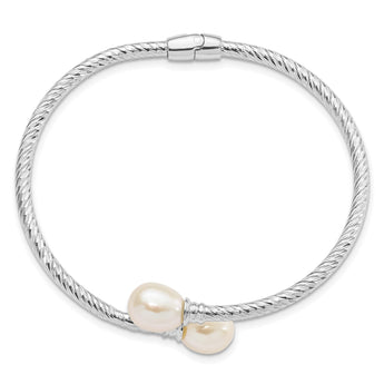 Sterling Silver Rhodium-Rhodium-Plated 8-9mm White Rice Freshwater Cultured Pearl Hinged Bangle 6.5 in - Birthstone Company