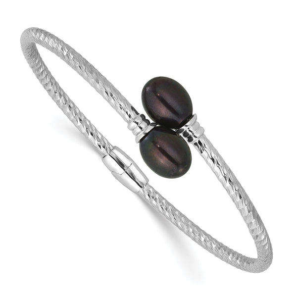Sterling Silver Rhodium-plated 8-9mm Black Rice Freshwater Cultured Pearl Hinged Bangle 6.5 in - Birthstone Company