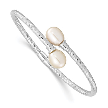 Sterling Silver Rhodium-Rhodium-Plated 8-9mm White Rice Freshwater Cultured Pearl Hinged Bangle 6.5 in - Birthstone Company
