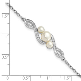 Sterling Silver Rhodium-Rhodium-Plated 4-7mm White Button Freshwater Cultured Pearl and CZ 7 inch with 2 inch Extension Bracelet - Birthstone Company