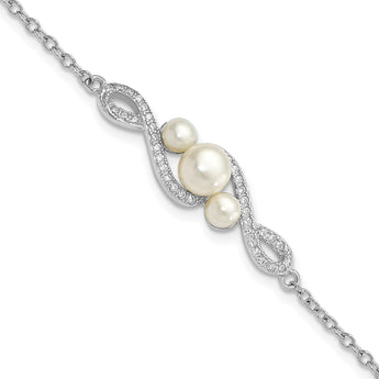 Sterling Silver Rhodium-Rhodium-Plated 4-7mm White Button Freshwater Cultured Pearl and CZ 7 inch with 2 inch Extension Bracelet - Birthstone Company