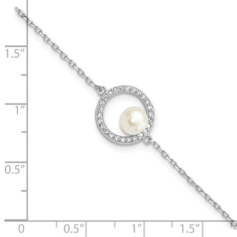 Sterling Silver Rhodium-Rhodium-Plated 6-7mm White Button Freshwater Cultured Pearl and CZ 6.5 inch with 1.25 inch Extension Bracelet - Birthstone Company