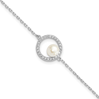 Sterling Silver Rhodium-Rhodium-Plated 6-7mm White Button Freshwater Cultured Pearl and CZ 6.5 inch with 1.25 inch Extension Bracelet - Birthstone Company