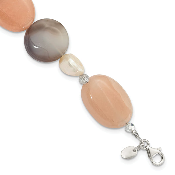 Sterling Silver Agate, Aventurine, Crystal and FWC Pearl w/1in ext Bracelet