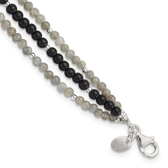 Sterling Silver Agate,Labradorite,Quartz 3-Strand 1in ext Bracelet