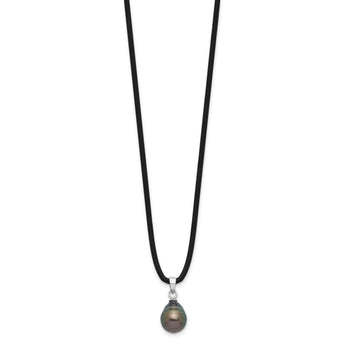 Sterling Silver Rhodium-Rhodium-Plated 9-10mm Black Teardrop Tahitian Saltwater Cultured Pearl 18 inch Black Silicone Necklace - Birthstone Company