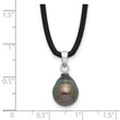 Sterling Silver Rhodium-Rhodium-Plated 9-10mm Black Teardrop Tahitian Saltwater Cultured Pearl 18 inch Black Silicone Necklace - Birthstone Company