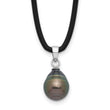 Sterling Silver Rhodium-Rhodium-Plated 9-10mm Black Teardrop Tahitian Saltwater Cultured Pearl 18 inch Black Silicone Necklace - Birthstone Company