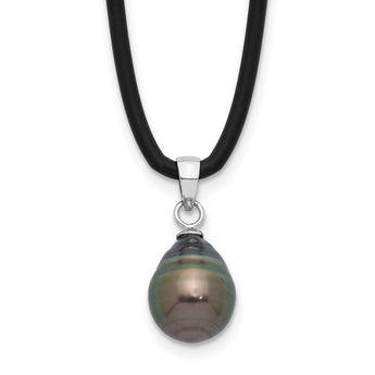 Sterling Silver Rhodium-Rhodium-Plated 9-10mm Black Teardrop Tahitian Saltwater Cultured Pearl 18 inch Black Silicone Necklace - Birthstone Company