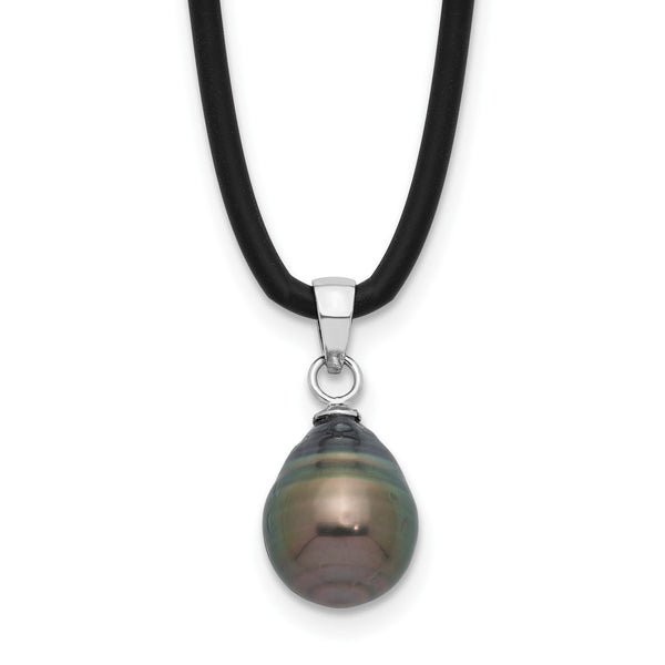 Sterling Silver Rhodium-Rhodium-Plated 9-10mm Black Teardrop Tahitian Saltwater Cultured Pearl 18 inch Black Silicone Necklace - Birthstone Company