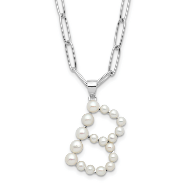 Sterling Silver Rhodium-Rhodium-Plated 3-5.5mm White Button Freshwater Cultured Pearl LETTER B 18 inch Necklace