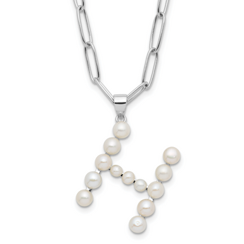 Sterling Silver Rhodium-Rhodium-Plated 3-5.5mm White Button Freshwater Cultured Pearl LETTER H 18 inch Necklace