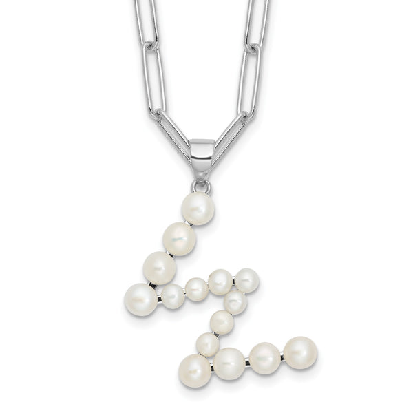 Sterling Silver Rhodium-Rhodium-Plated 3-5.5mm White Button Freshwater Cultured Pearl LETTER W 18 inch Necklace - Birthstone Company