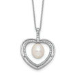 Sterling Silver Rhodium-plated 8-9mm Rice White Freshwater Cultured Pearl and CZ Open Heart 17 inch Necklace - Birthstone Company