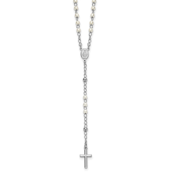 Sterling Silver Rhodium-plated Plastic Imitation Pearl 19.75 inch with 1 inch extender Rosary Necklace - Birthstone Company