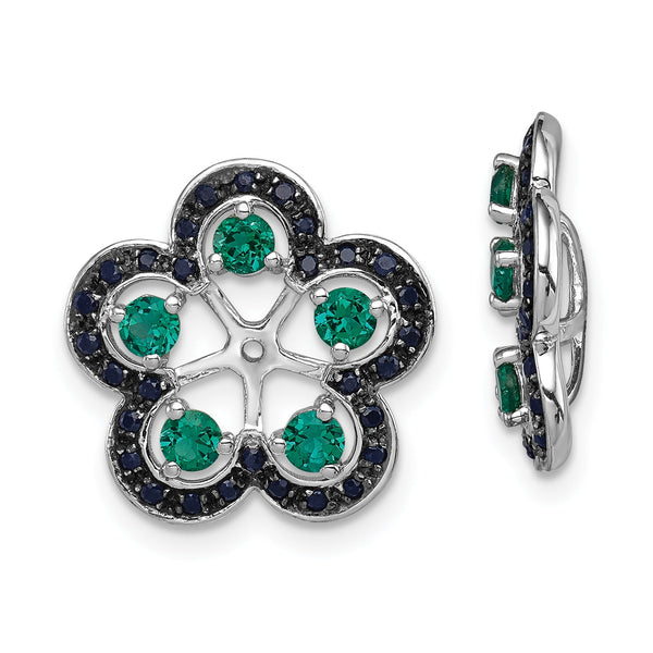 Sterling Silver Emerald & Black Sapphire Earring Jackets, Elegant Rhodium Finish