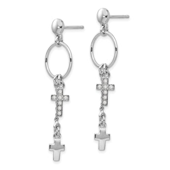 Sterling Silver Rhodium-plated CZ Cross Dangle Earrings