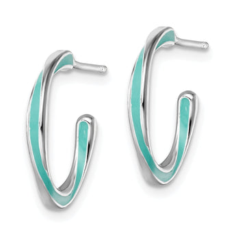 Sterling Silver Rhodium-plated Aqua Enameled Hoop Earrings