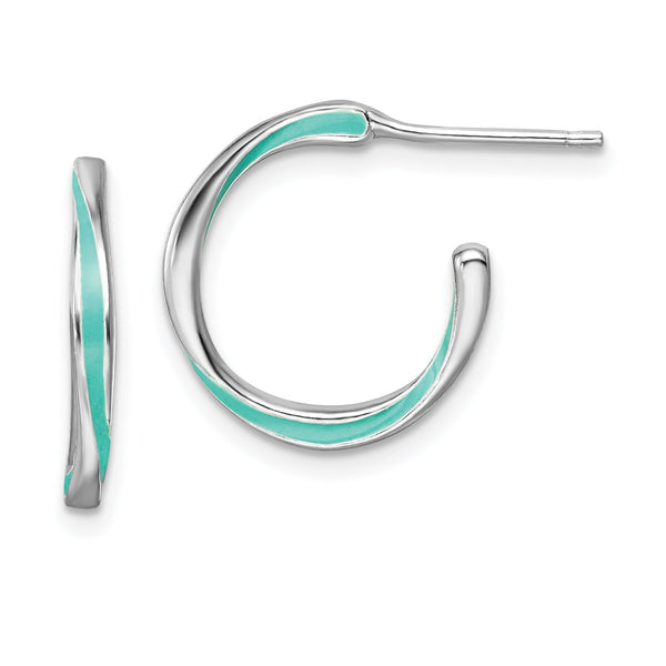 Sterling Silver Rhodium-plated Aqua Enameled Hoop Earrings