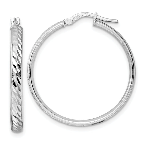 Sterling Silver Rhod-plated Polished D/C Hoop Earrings