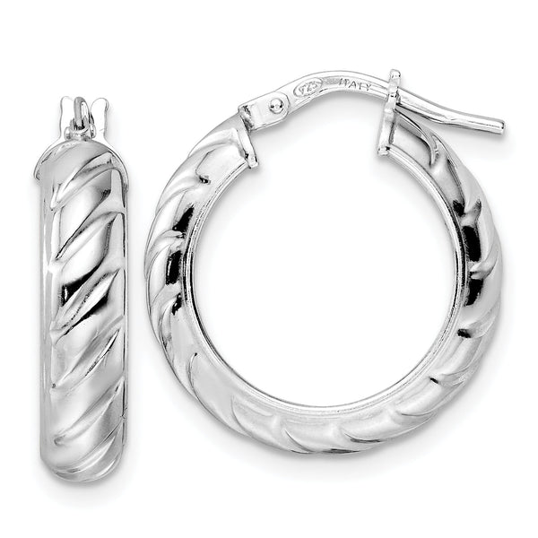 Sterling Silver Rhod-plated Polished Textured Hoop Earrings